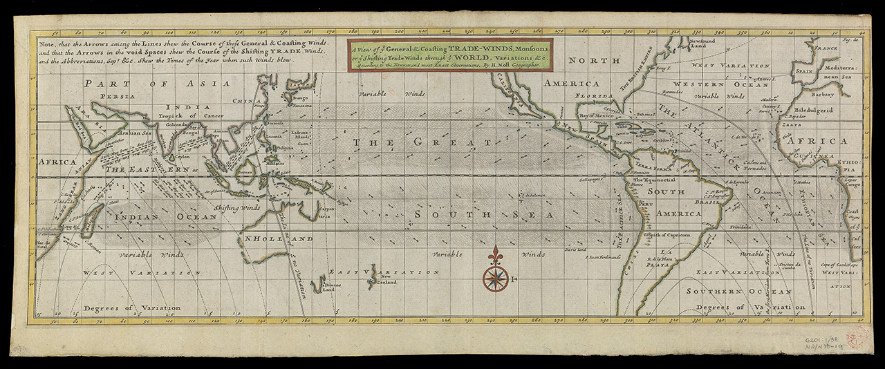 A view of ye general and coasting trade-winds, monsoons or ye shifting trade winds through ye world … Moll. G201:1/38