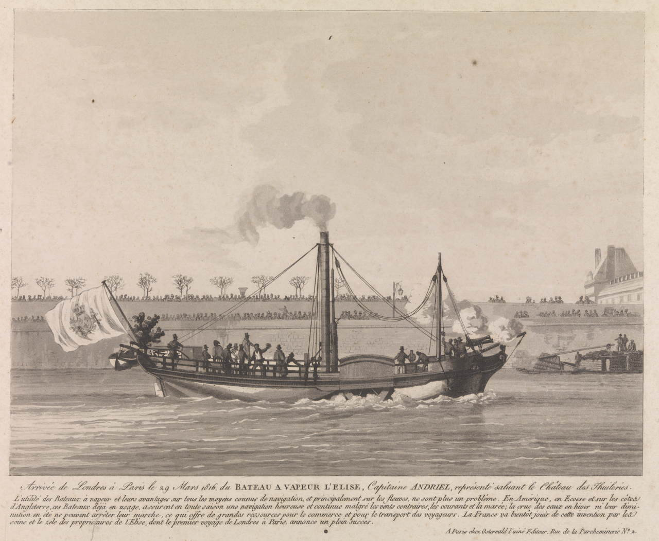 Arrivee de Londres a Paris le 29 Mars 1816 du Bateau a Vapeur l' Elise