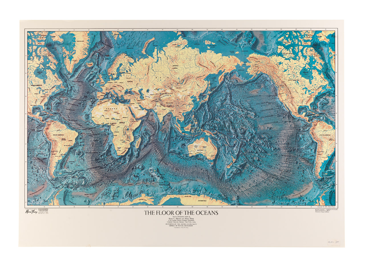 An image showing 'G201:1/57; The floor of the oceans basedon bathymetric studies by Bruce C Heezen and Marie Tharp supported by the United States Navy Office of Naval Research. Third edition - third printing, Painted by Tanguy de Remur.'