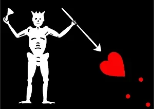 Pirate Flag of Blackbeard/Edward Teach which shows white skeleton holding an hourglass in one hand and spearing a red heart