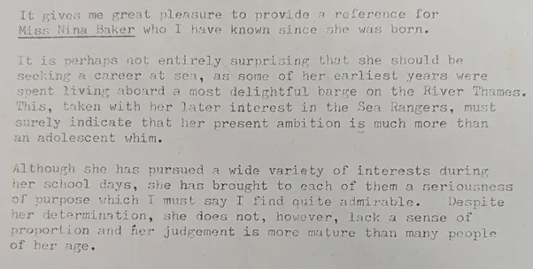 A typed reference letter praising Baker's determination and judgement