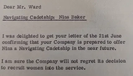 Typed letter from Baker's father thanking Mr Ward at BP for the offer of a cadetship