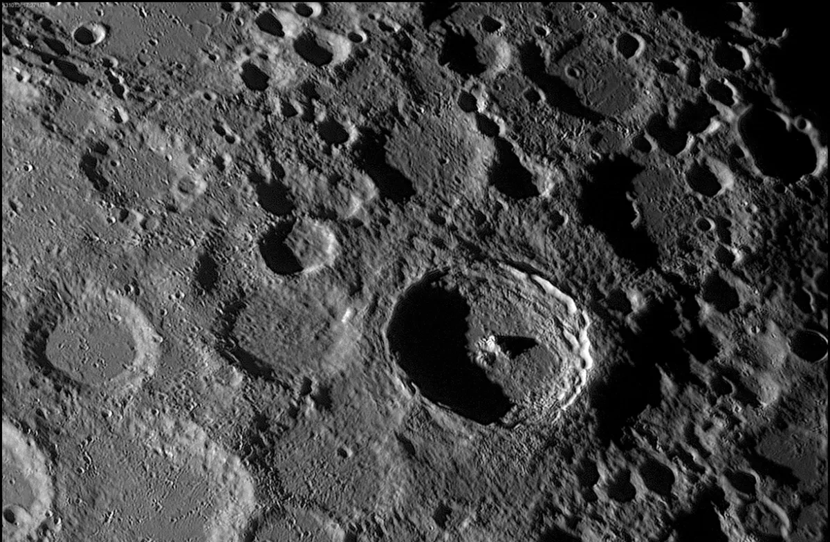 Close-up of craters on the surface of the Moon.