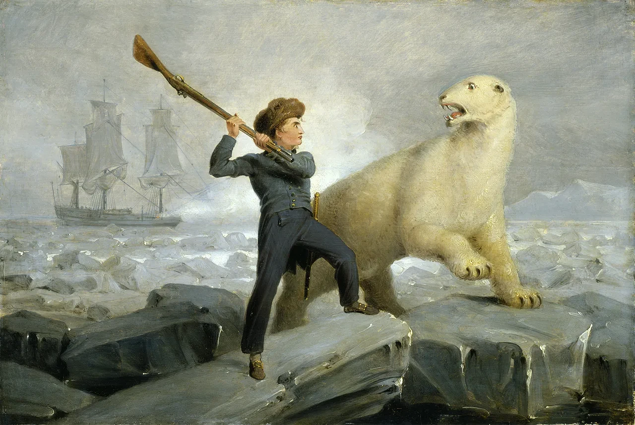 Painting depicting a young Nelson fighting a polar bear in the Arctic