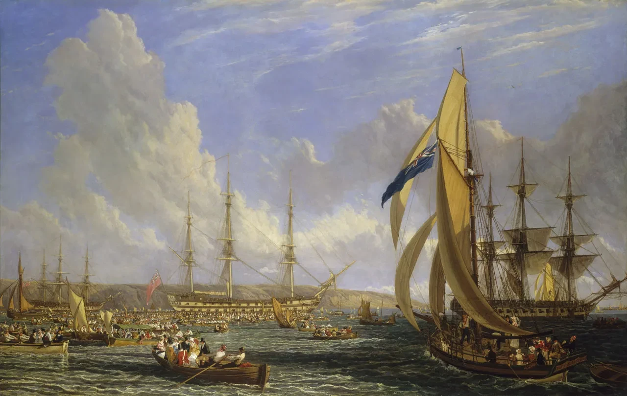 Oil painting depicting a scene in Plymouth Sound in August 1815, where sightseers have come to try and catch a glimpse of Napoleon, who is being detained on a warship in the bay