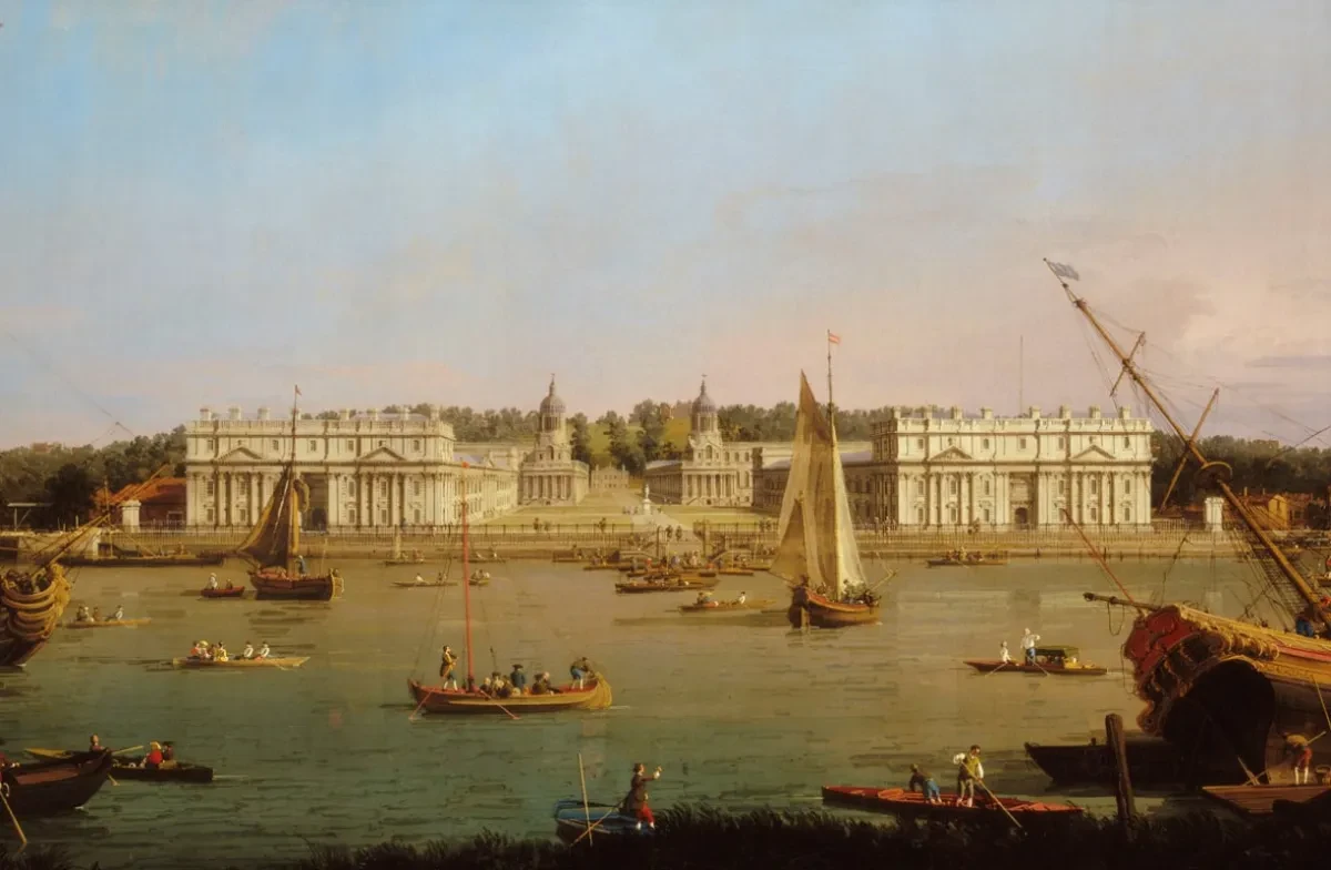 Painting of boats on the Thames in front of Greenwich Hospital.