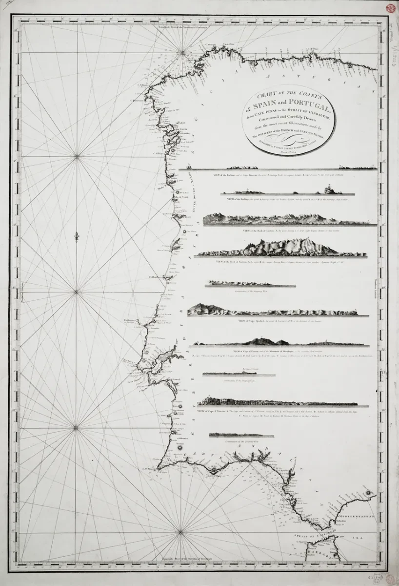 19th century chart of the coasts of Spain and Portugal, from Cape Pinas to the Strait of Gibraltar