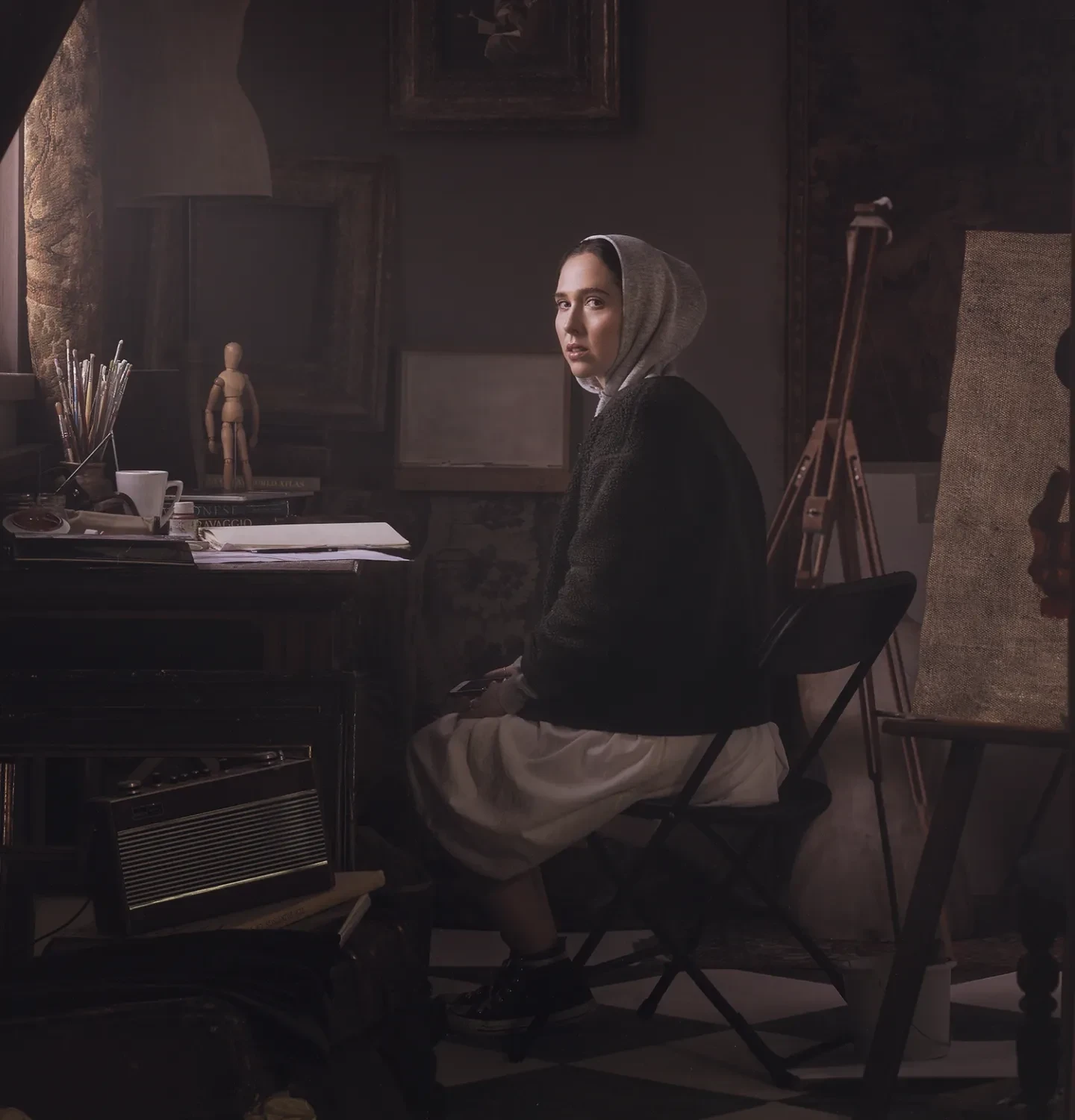 A woman sits at a desk reminiscent of a 17th century painting wearing modern clothes