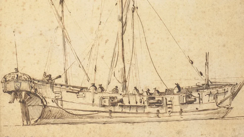 A sketch of a sailing vessel in ink. The paper is faded and yellowing