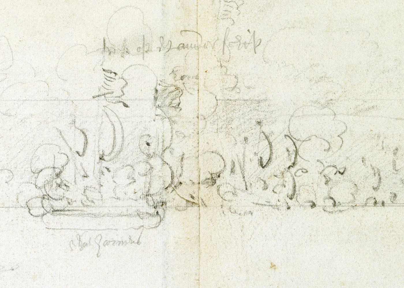 A section of a rough sketch made during a major naval battle. Tall ships are barely visible against the white paper, but the pencil marks suggest the sketch was made quickly while in the middle of the battle itself