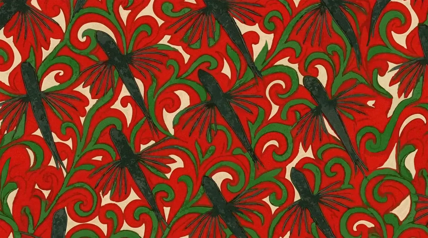 A red fabric pattern with flying fish details