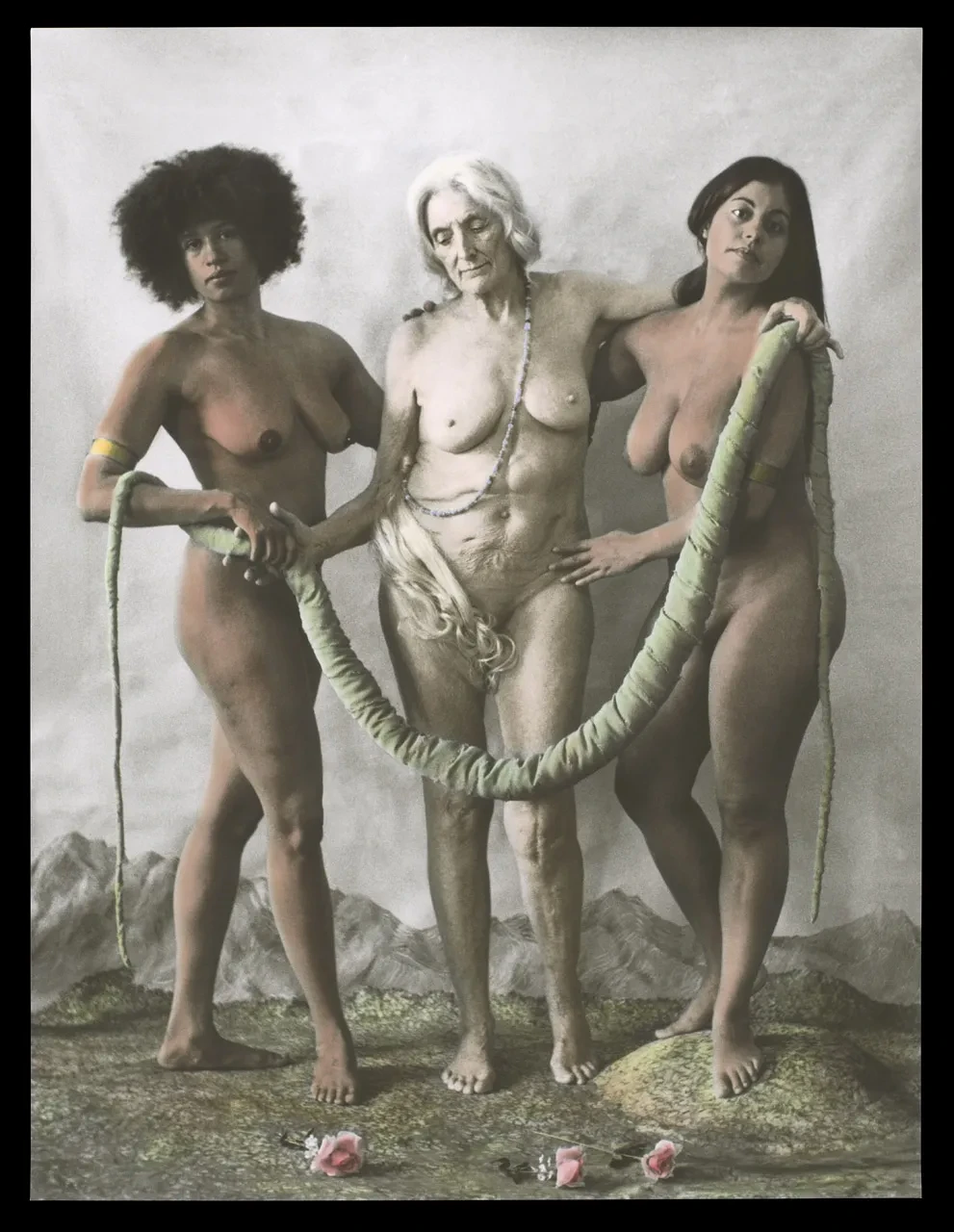 Three naked women support each other as an allegory of the relationship between Europe, Africa and North and South America
