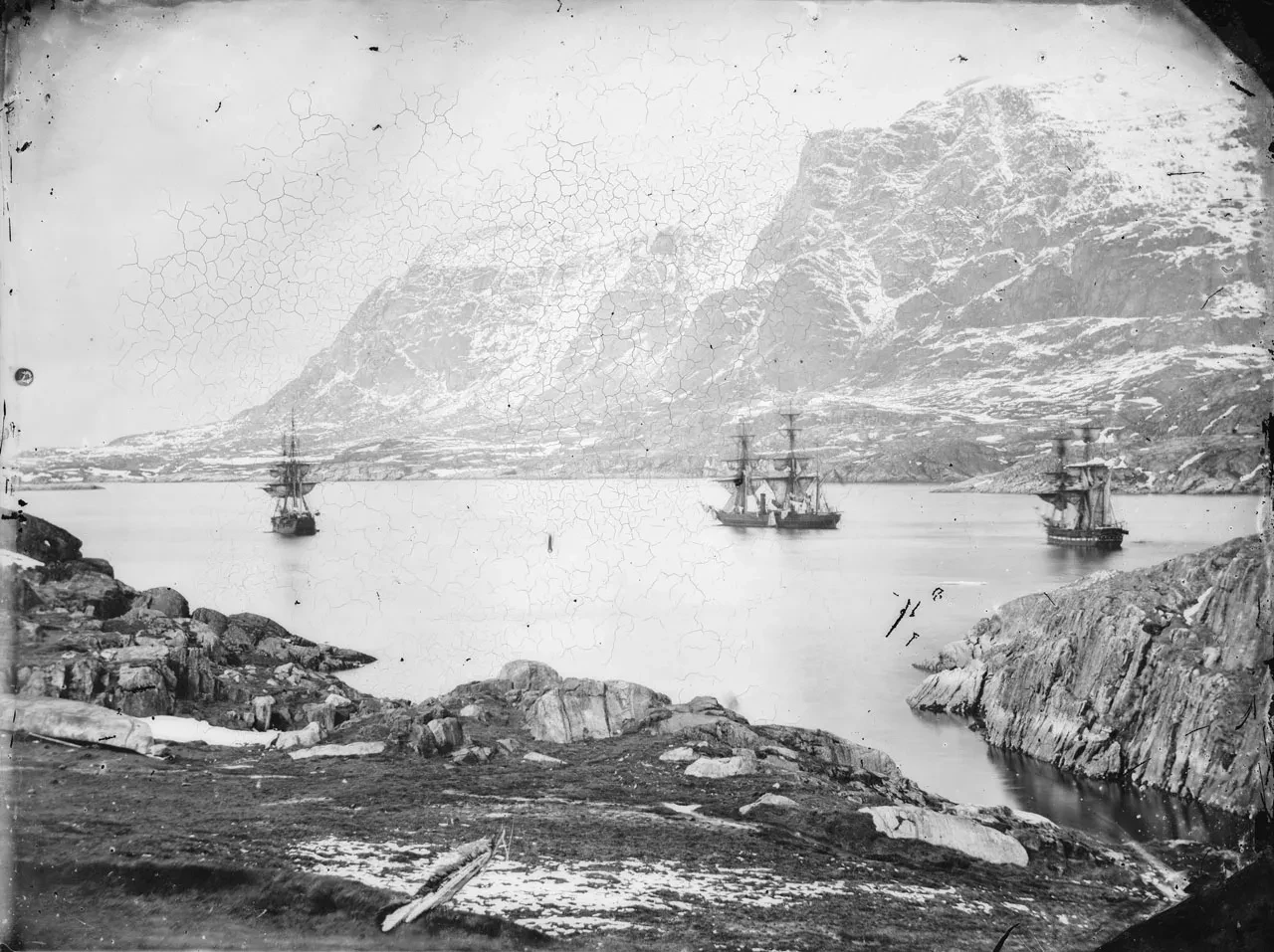 HMS Phoenix (1832), HMS Talbot (1824) and HMS Diligence (1814) at anchor, Holsteinborg (now Sisimiut), Greenland taken in June 1854
