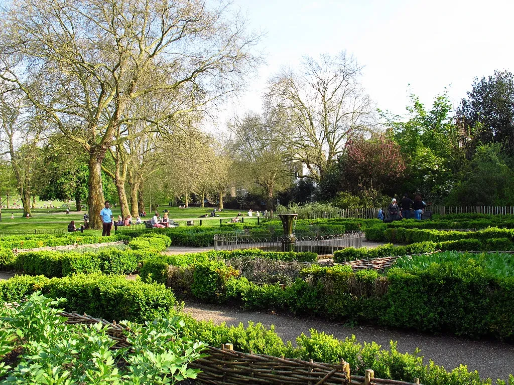 A formal herb garden in Greenwich Park, with box hedges marking the borders of various beds of fragrant herbs
