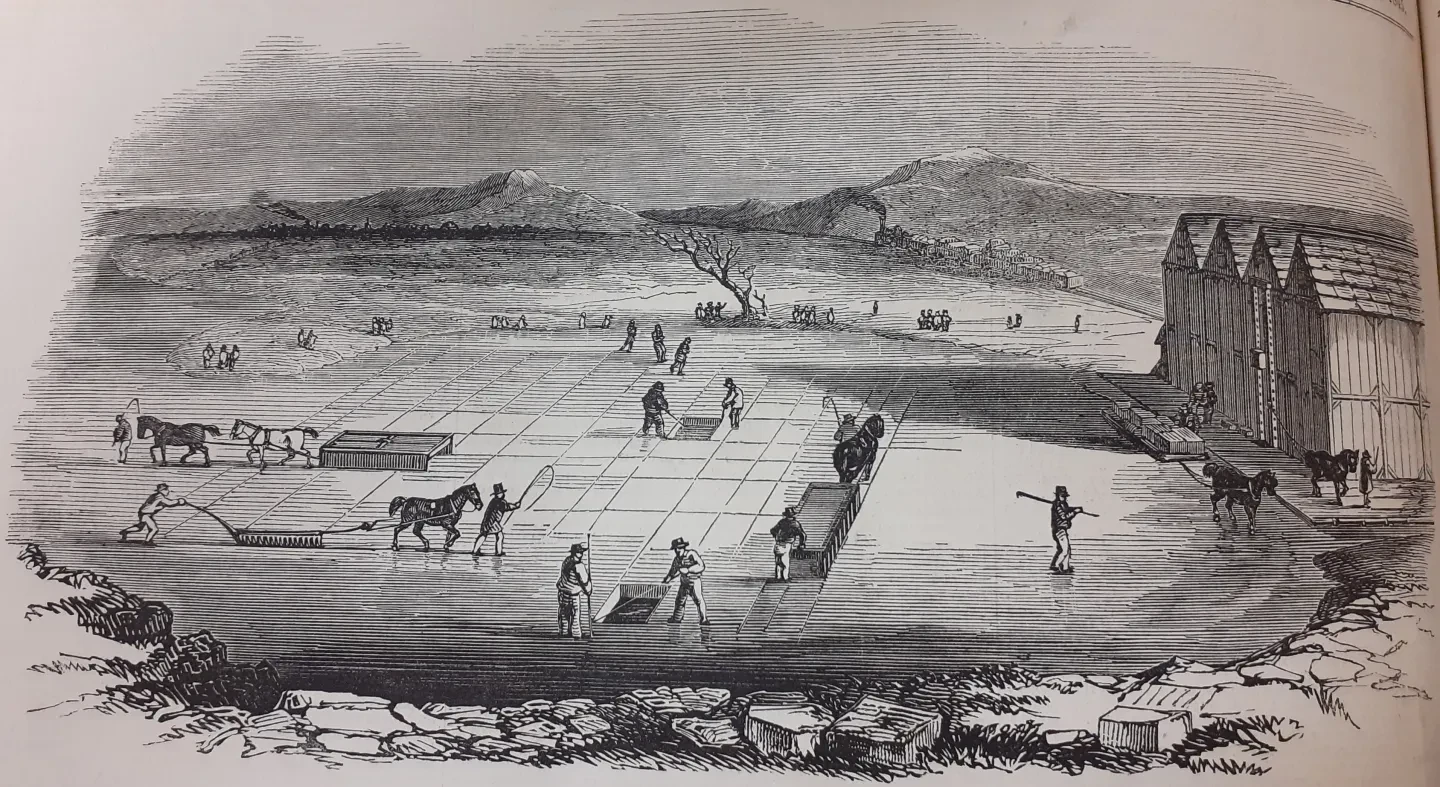 A landscape drawing of people harvesting ice on the frozen lake