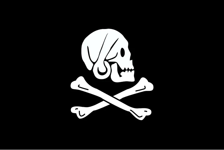 Pirate flag with skull looking right over two crossed bones