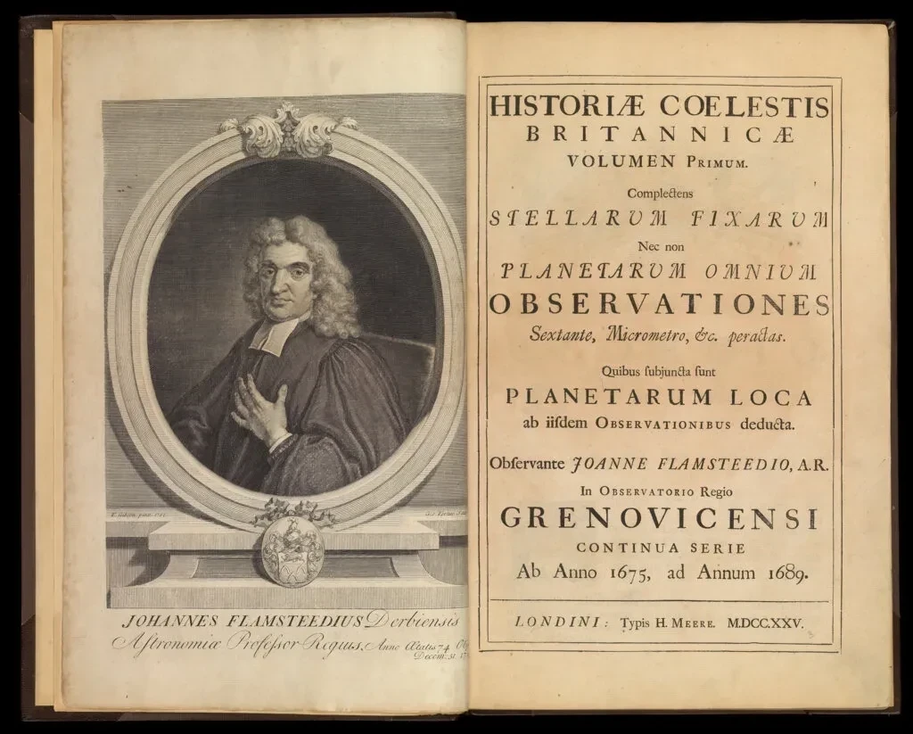 Photo of double page spread of book, the left side has a portrait of John Flamsteed and the right side has writing in Latin