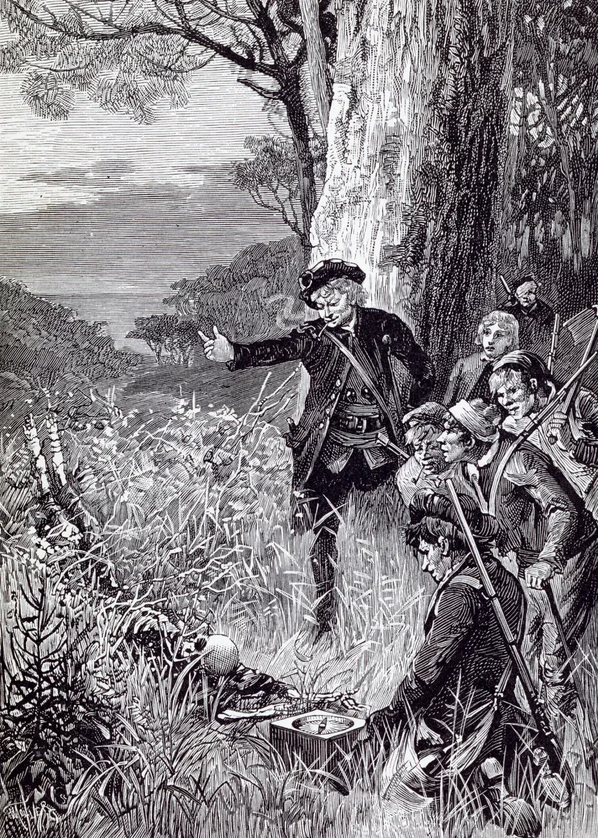 Black and white illustration from an edition of Treasure Island. The scene shows Long John Silver and the pirates as they discover what they believe to be buried treasure