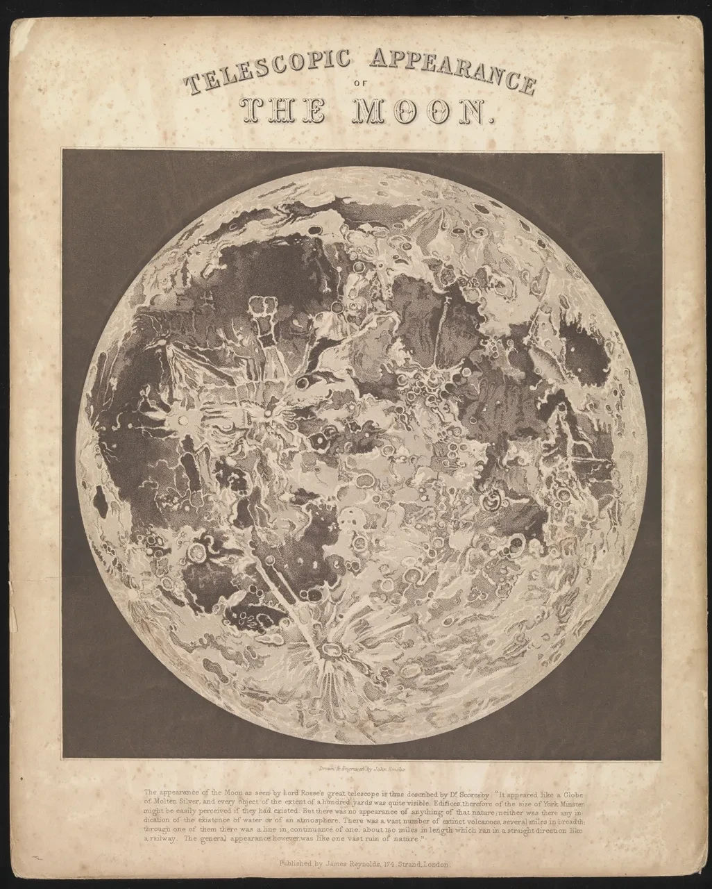 A sepia-tinted image of the moon in a dark brown square, with a title above reading Telescopic Appearance of the Moon in a 19th-century font 