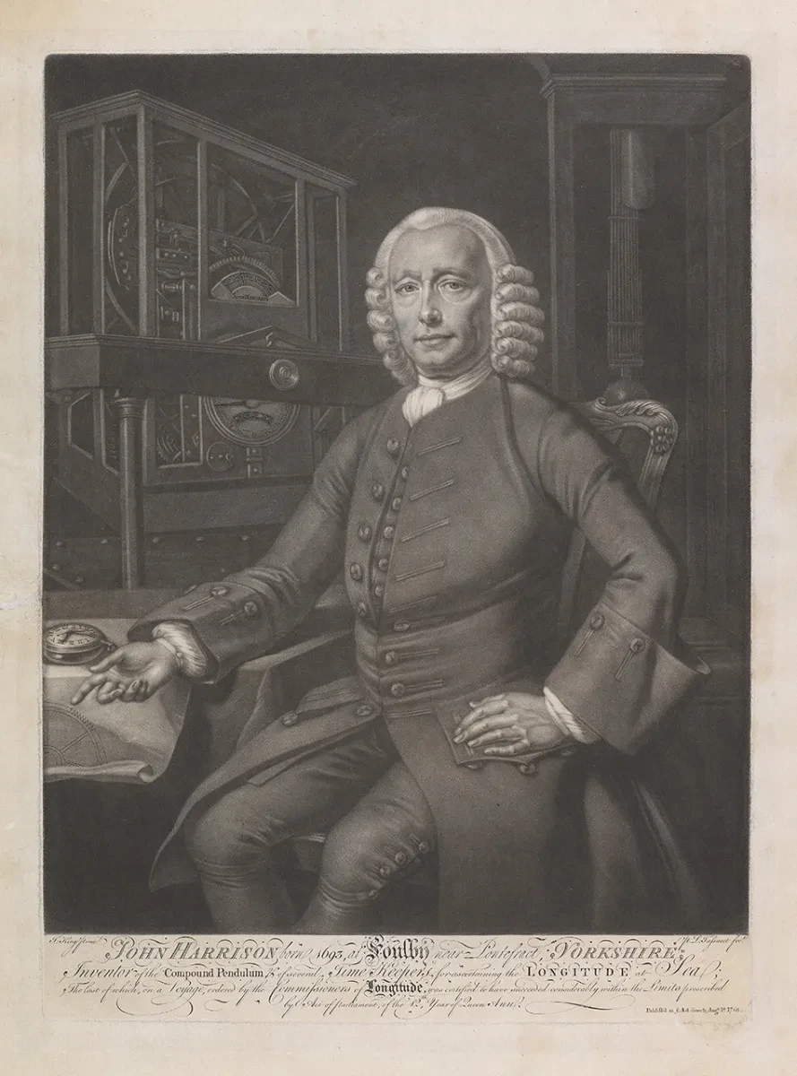 Old print of John Harrison sitting upright looking towards painter with his finger pointing, next to a watch