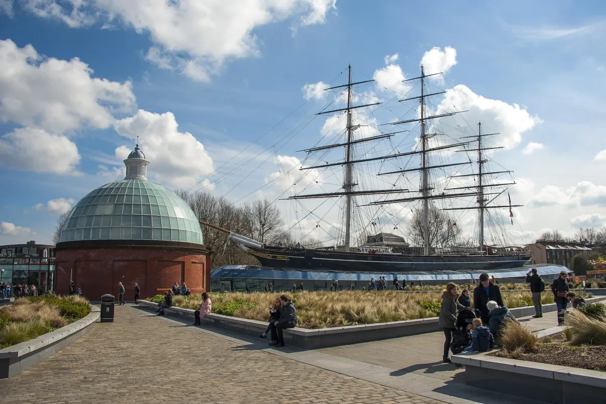 A view of the historic ship Cutty Sark in the dry dock at Greenwich
