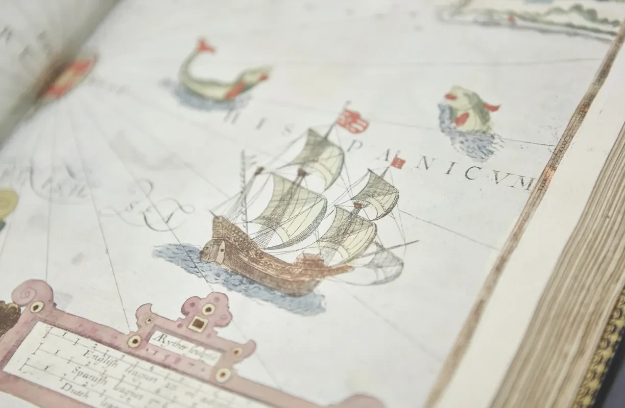 Detail of a ship from an illustrated map or journal.