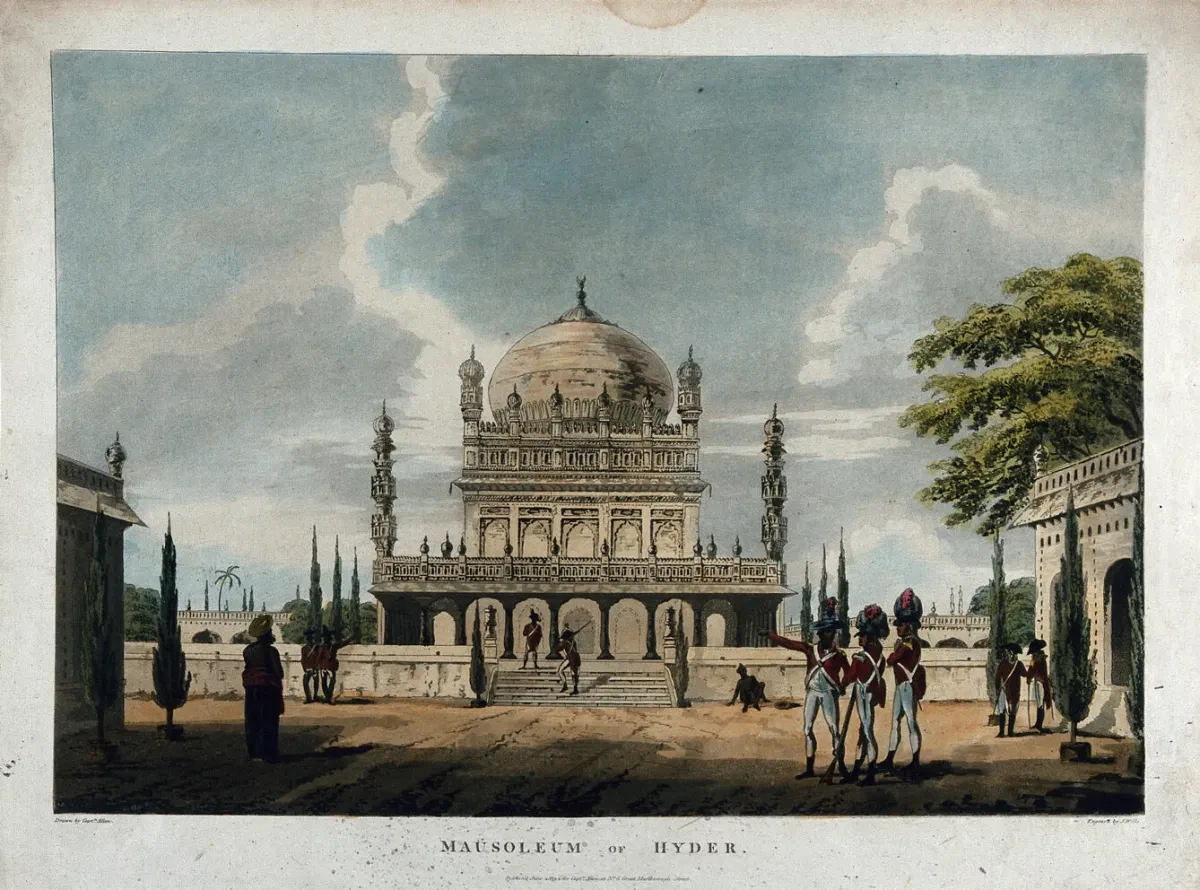 Coloured aquatint depicting a white temple
