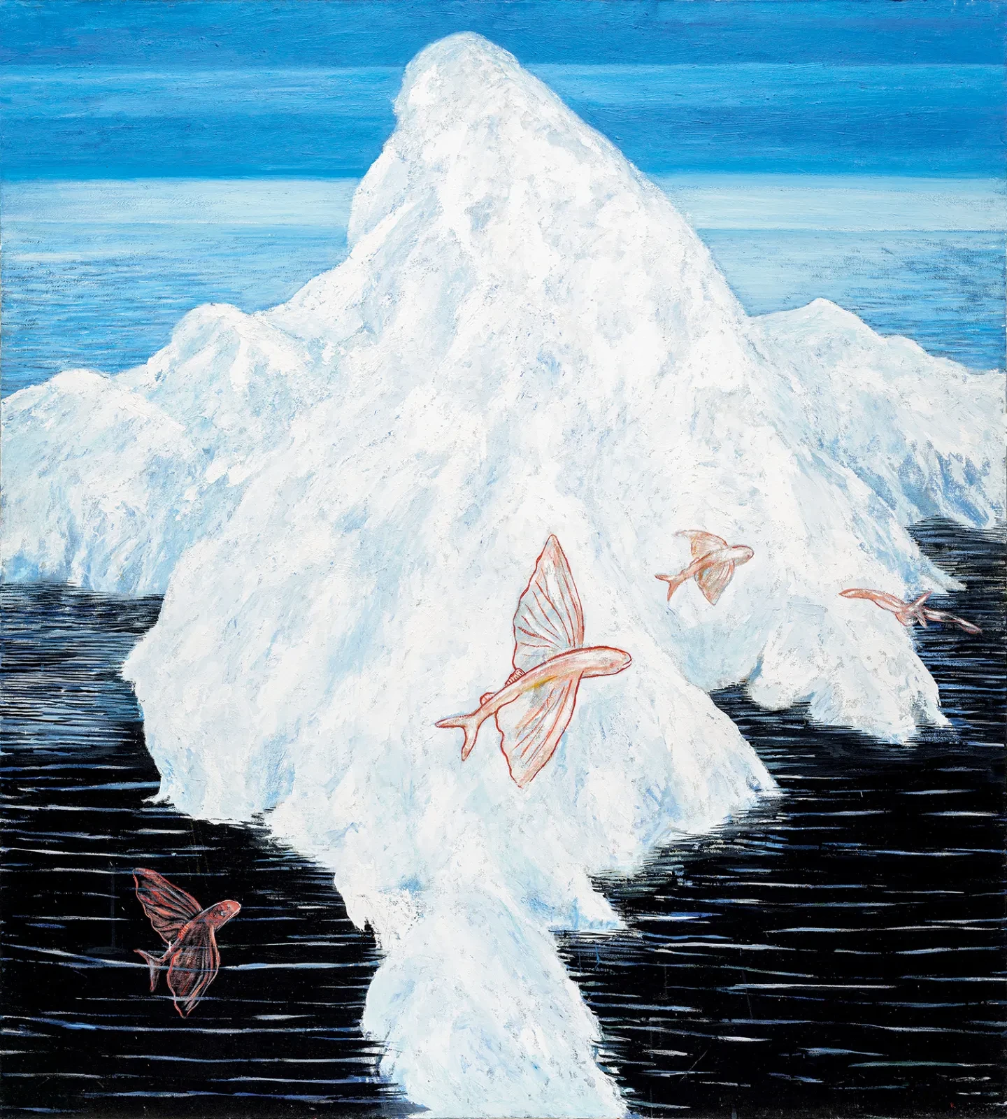 Oil painting showing an icy mountain in the middle of the ocean, with stencils of flying fish moving diagonally across the surface