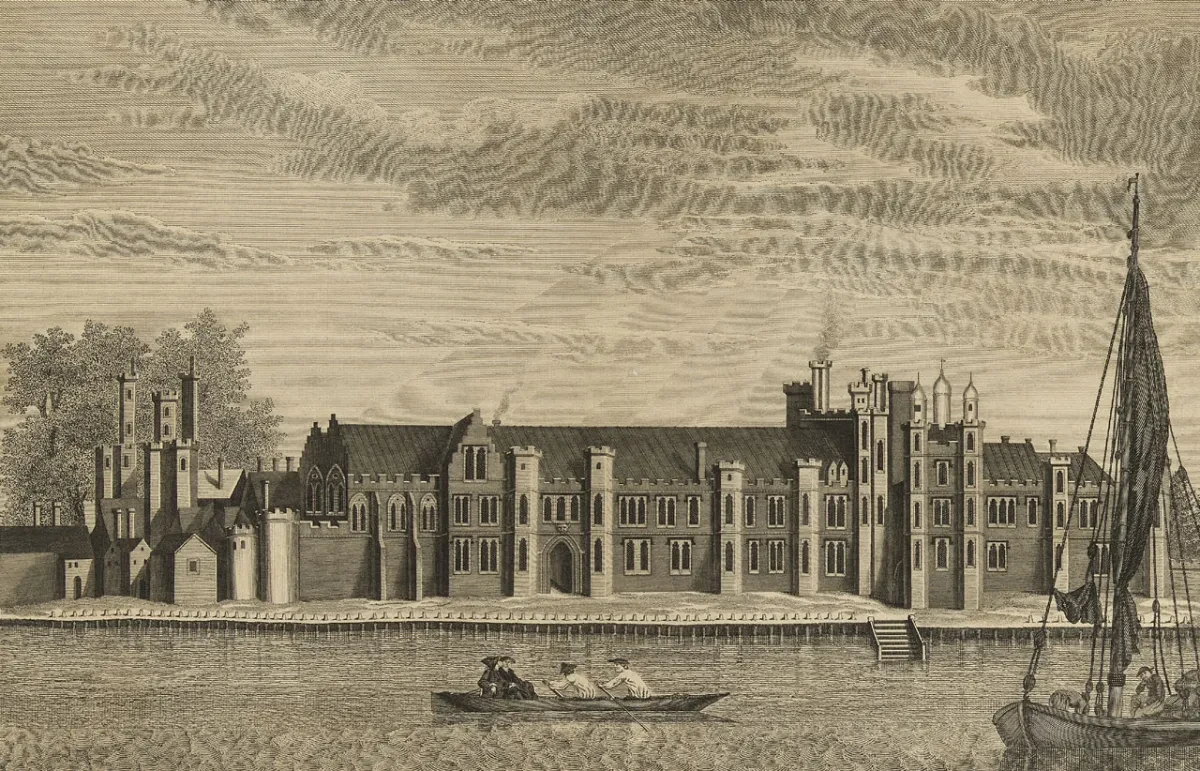 Drawing of a rowing boat passing the Palace of Placentia.