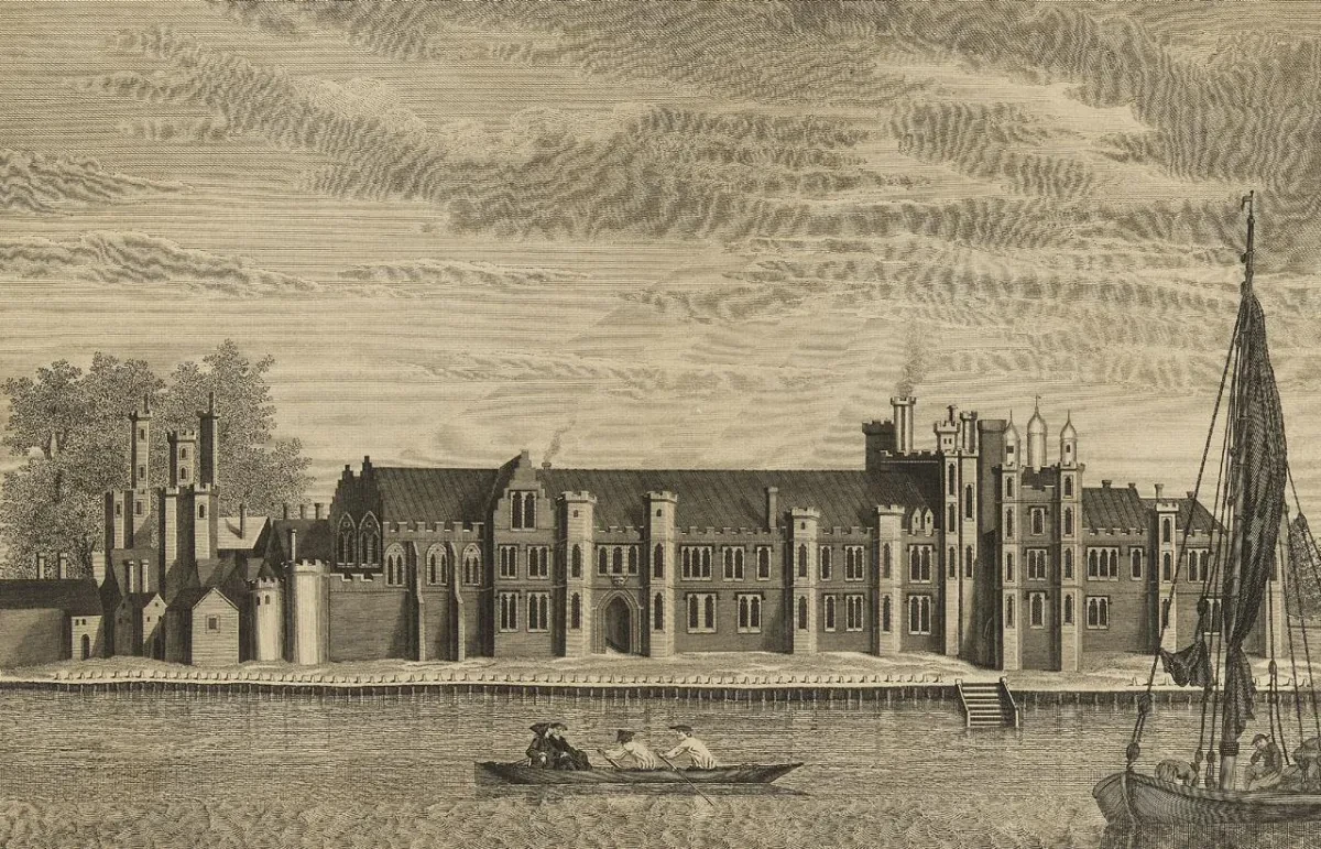 Sepia drawing of a rowing boat on the Thames passing The Palace of Placentia.