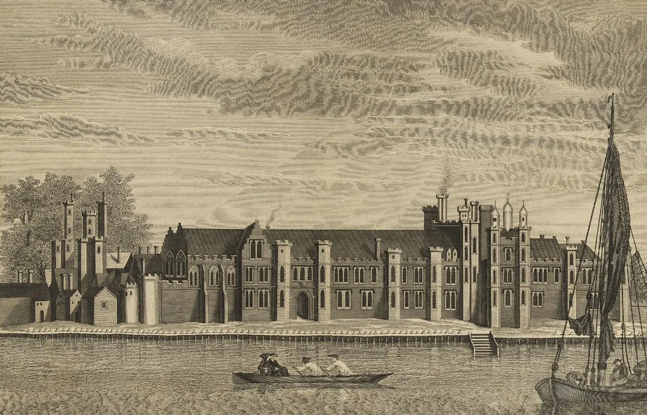 Sepia drawing of a rowing boat on the Thames passing The Palace of Placentia.