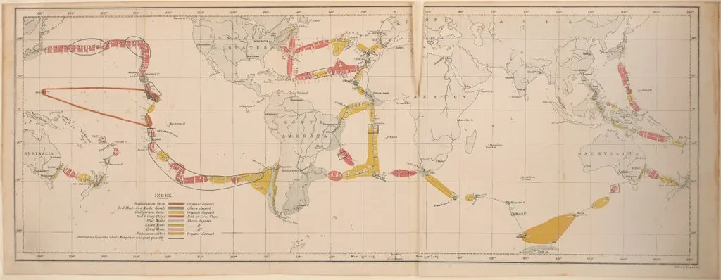 Chart showing the deep-sea sediments collected by Challenger along its route