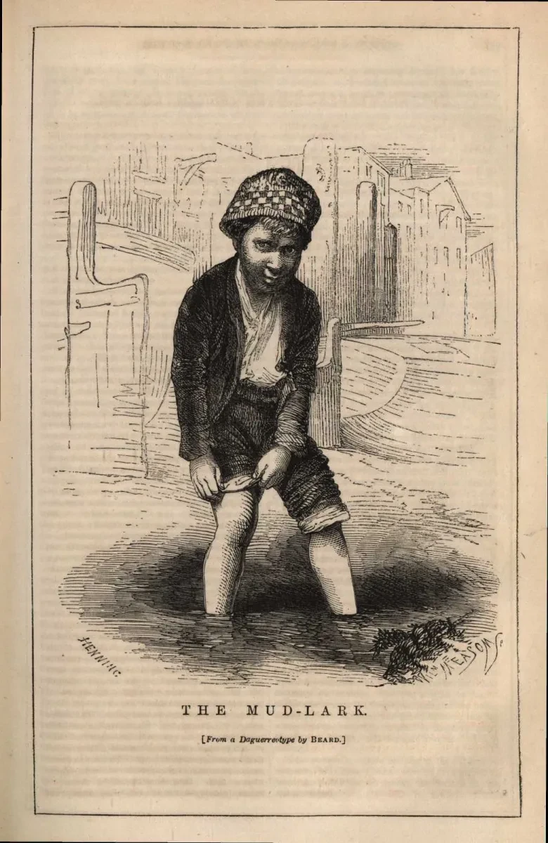 A vintage illustration of a young boy ankle-deep in water. The caption says, The Mudlark. 