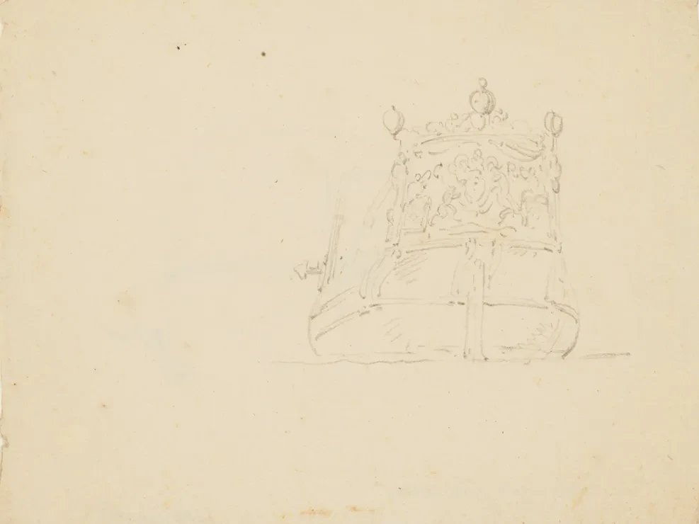 A very faint drawing of a ship, viewed from the rear and featuring the vessel's highly decorated stern. The sketch is rough and the paper faded to yellow with age