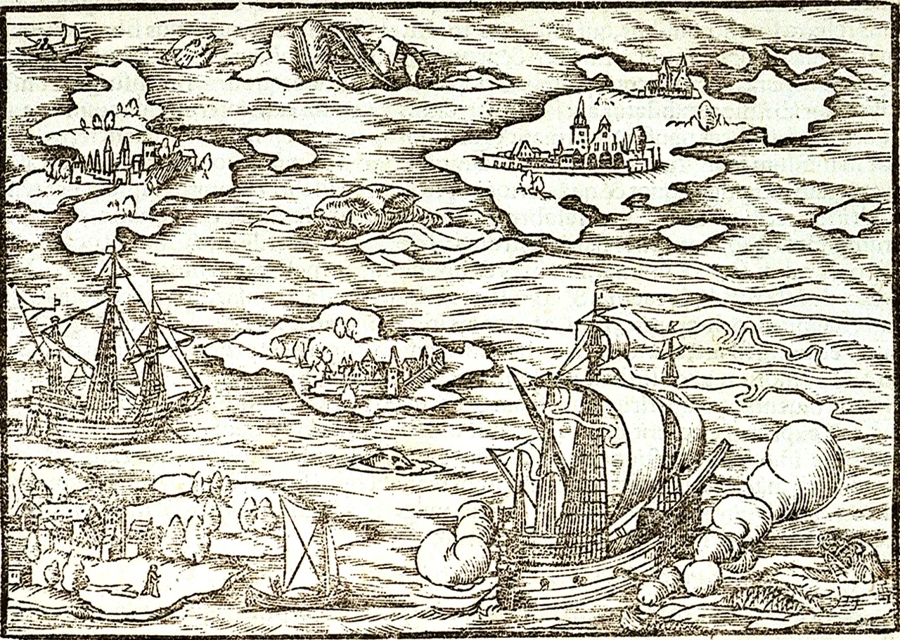 Woodcut illustration depicting sailing ships travelling between inhabited islands. One vessel is firing its canons at a sea creature