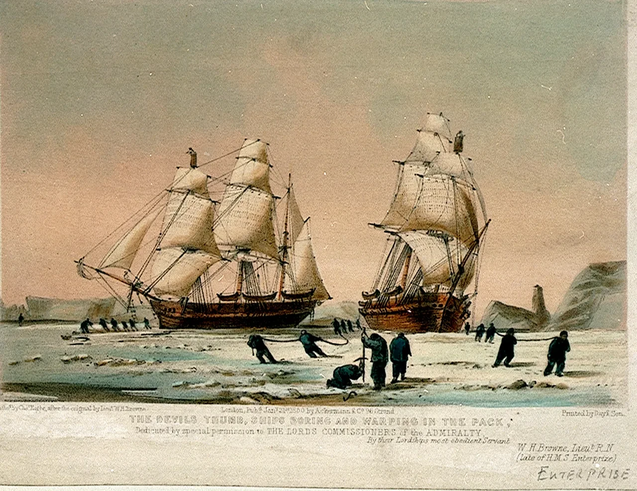 Print of Enterprise and Investigator in the Arctic. Crewmembers can be seen on the ice in the foreground. 
