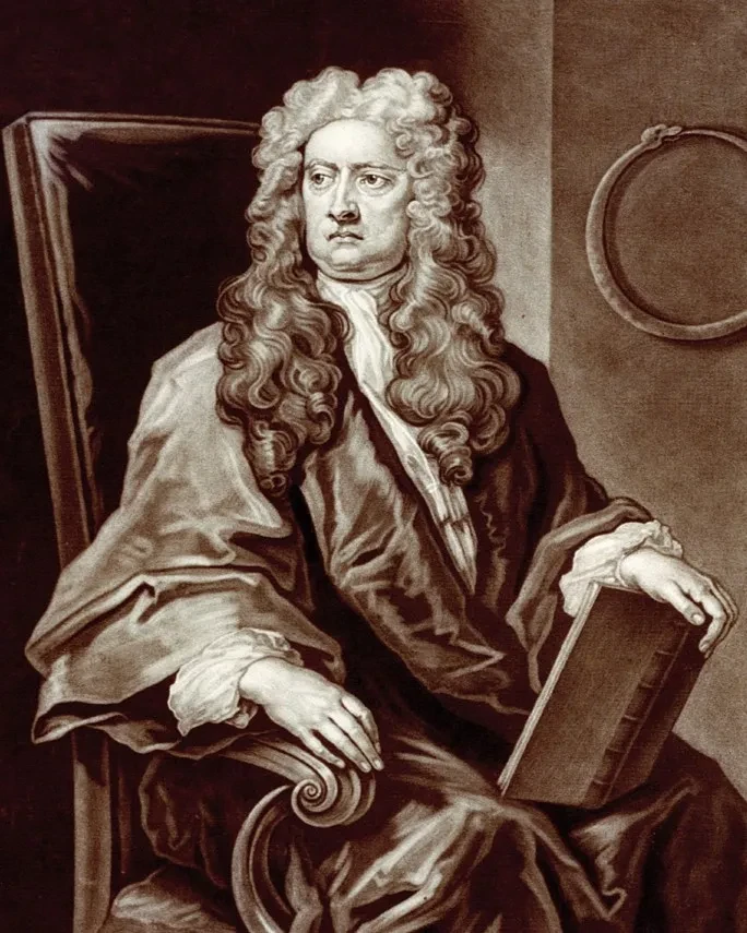 Historic print of scientist Sir Isaac Newton. He sits seriously in a chair, a book open in his hand