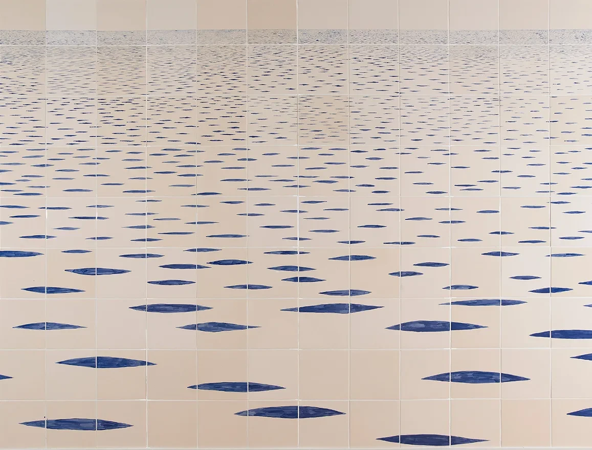 Kovats' painted ceramic tiles with blue marks.