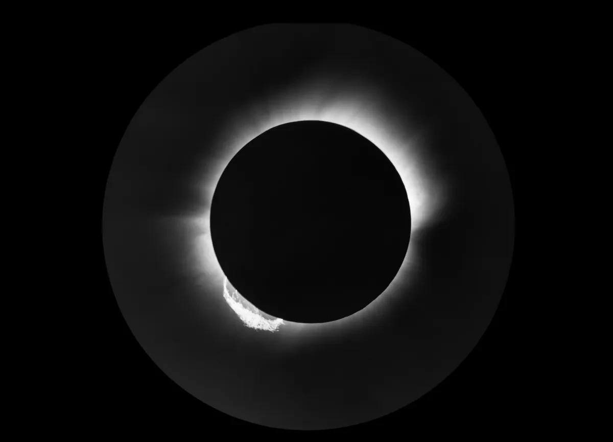 Photo of a solar eclipse showing a black circle with light halo effect.