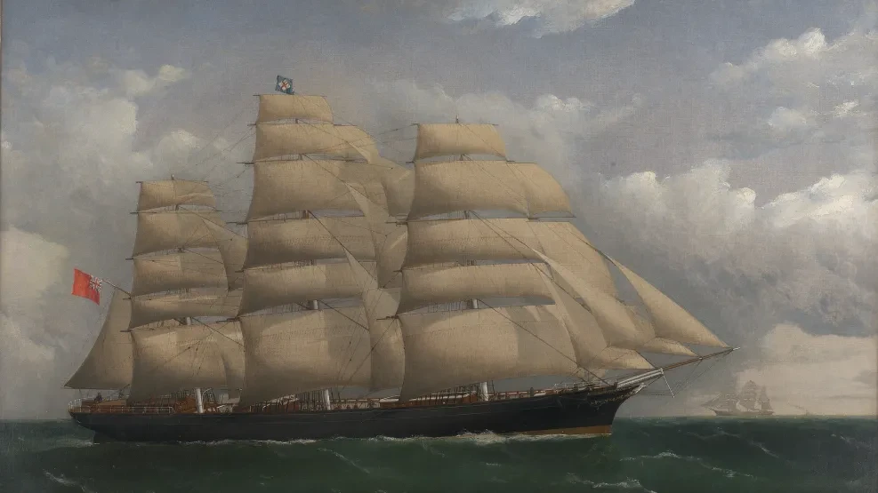 Painting of 'Cutty Sark' under full sail as a tea clipper, signed and dated 1872, bottom right.