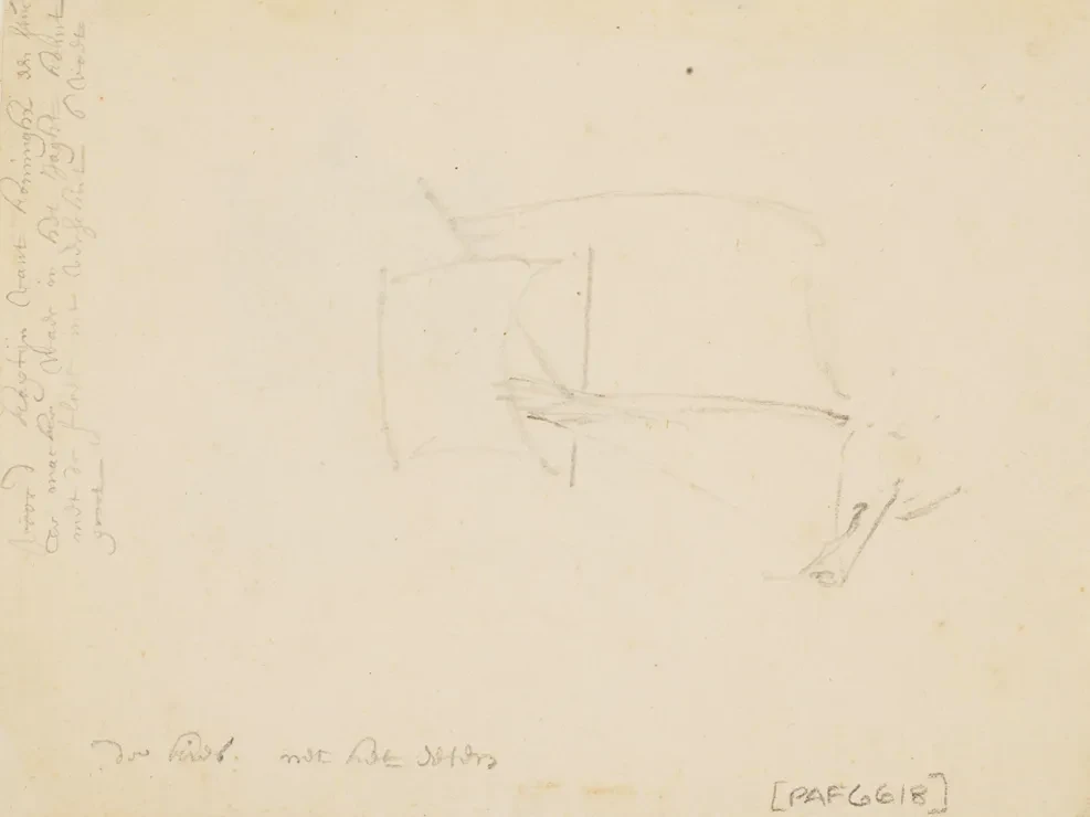 The back of a drawing by Willem Van de Velde the Younger. Scrawled at the bottom in almost unreadable handwriting is a note. Translated the text reads, 'Toothache with eating'. Another passage of text is visible on the left hand side of the paper