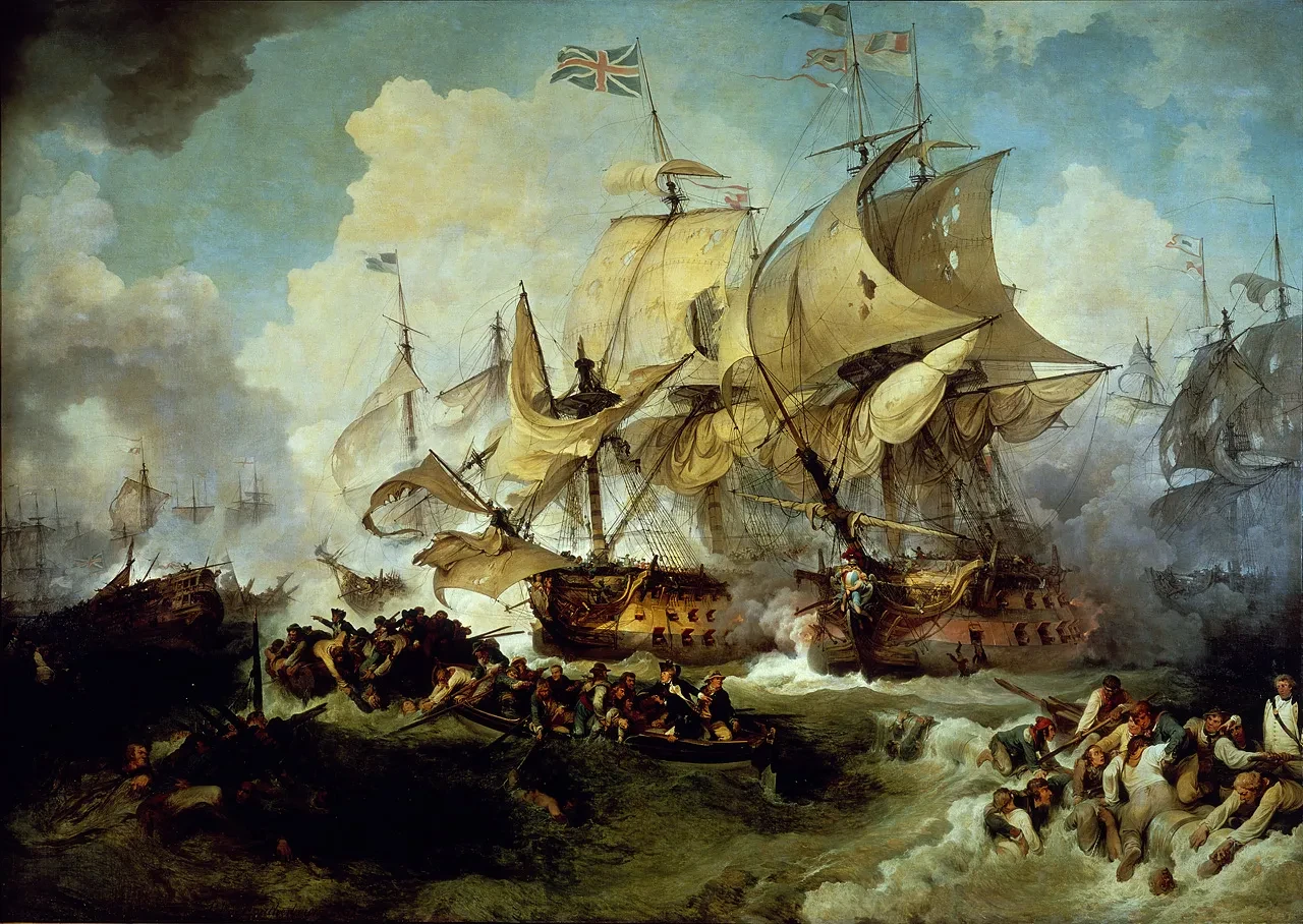 Painting of two ships engaged in battle, with small boats in the foreground full of men in choppy waters