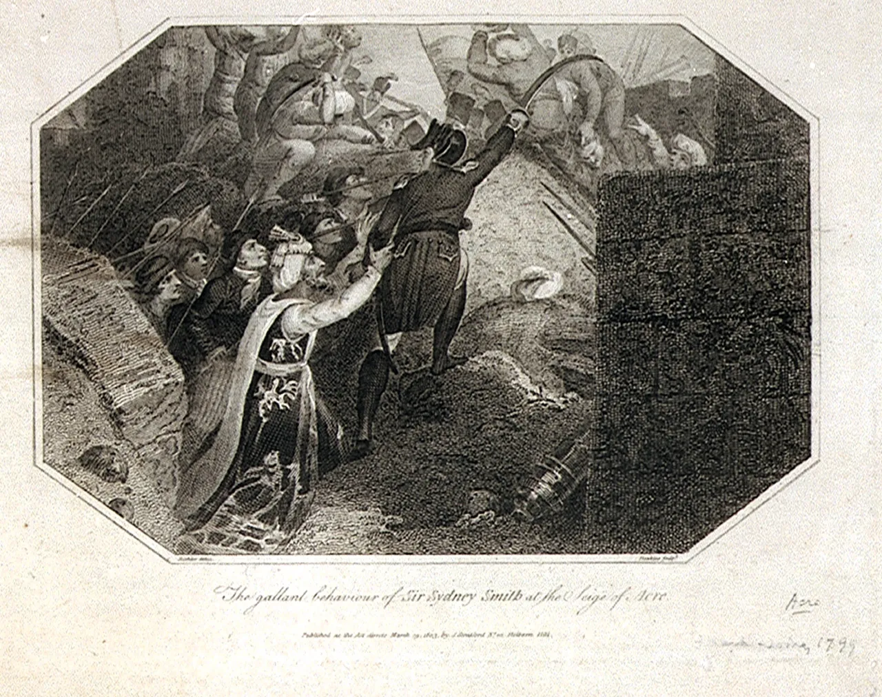 Print showing Captain Sir Sidney Smith leading the Turkish forces that repulsed Napoleon's besieging forces from Acre in 1799.