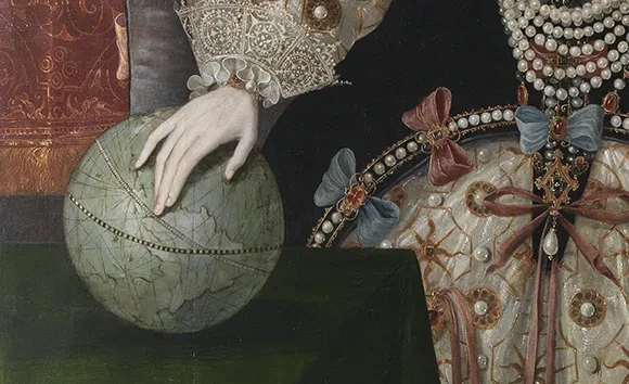 Close-up of the globe in the Armada Portrait
